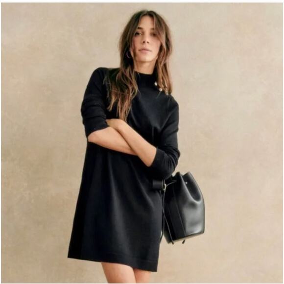 Sezane Jaelle Merino Wool Long Sleeve Sweater Dress Black Gold Button Size Small - Picture 1 of 9